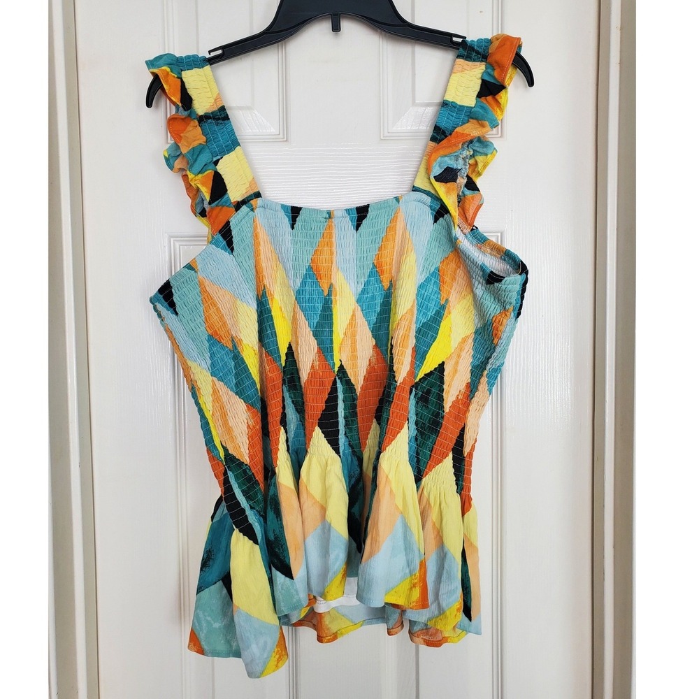 Torrid Smocked Peplum Top Multicolor Diamond Ruffle Sleeve Boho Summer Plus Sz 3